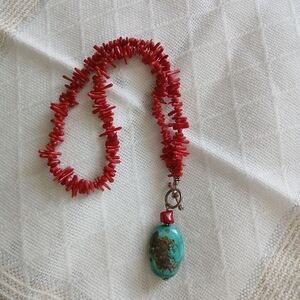 925 Vintage Southwestern Red Coral Chip and Turquoise Necklace